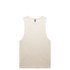 A plain cream singlet tank top featuring a round neckline and no sleeves, with a branding logo.