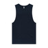 A navy blue singlet tank top with a round neckline and a logo on the label.