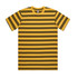 A yellow t-shirt with horizontal black stripes and a logo. The shirt has a classic crew neck and short sleeves.