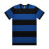 A blue and black striped t-shirt featuring a round neckline and short sleeves, with a logo on the label.