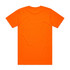 An orange work t-shirt featuring an unfinished back design and a logo on the neck area.