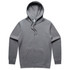 A grey zip hoodie featuring a drawstring hood and a front pocket, with a logo on the label.