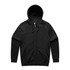 A black zip-up hoodie with a front pocket and a hood. It features a logo on one side.