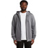 A grey zip-up hooded jumper featuring a front pocket and a logo. Model wears a white t-shirt underneath.