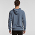 A blue hoodie with a hood and long sleeves, featuring a logo on the back.