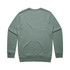 A green sweater with a crew neck and long sleeves, featuring a plain back design and ribbed cuffs.