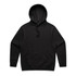 A black hoodie featuring a front pocket and a drawstring hood, with a logo present.