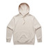 A beige hoodie featuring a front pocket and a drawstring hood. The garment has a branding logo.