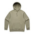 A heavy olive green hoodie with a front pocket and an adjustable drawstring hood. It features a logo on it.