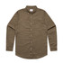A button-up Oxford shirt in olive green, featuring a collar and a single chest pocket. It has a logo on the label.