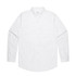 A white button-up shirt with long sleeves and a front pocket, featuring a logo.