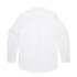 A white button-up Oxford shirt with long sleeves and a back pleat, featuring a logo on the label.