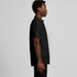 A black short-sleeve button-up shirt with a collar, featured on a model from the side. It has a logo.