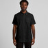 A black short-sleeve button-up shirt featuring a single chest pocket and a logo.