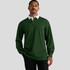 A green rugby jersey with a white collar, featuring long sleeves and a sleek design. Includes a logo on the chest.