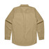 A khaki denim wash button-up shirt featuring long sleeves and a back pleat design. It includes a logo on the collar.