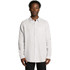A button-up linen shirt in light grey, featuring long sleeves and a chest pocket. The model stands facing forward.