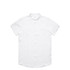 A white short-sleeve button-up shirt with a collar and a single chest pocket. It features a branding logo.