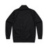 A black bomber jacket featuring a collar and ribbed cuffs, with a smooth fabric finish and a logo on the back.