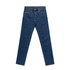 A pair of blue jeans with a classic cut, featuring pockets and a waistband, displayed on a white background.