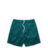 Teal sports shorts with a drawstring waistband, featuring a logo on the back. Ideal for beach activities.