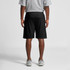Black sports shorts with an elastic waistband, featuring a logo on the side.