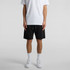 A person wearing black sports shorts styled with a plain white t-shirt and white sneakers.
