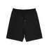Black sports shorts with an elastic waistband and drawstring. Features a logo branding.