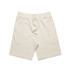 Light beige sports shorts with an elastic waistband and drawstring, featuring a logo on one side.