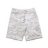 A pair of grey and white camo sports shorts with an elastic waistband and drawstring detailing.