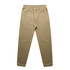 Tan track pants with an elastic waistband and cuffs, featuring a simple design and branding.