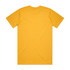 A plain yellow T-shirt with short sleeves and a round neckline, featuring a logo on the back.