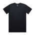 A black classic t-shirt with a round neckline, featuring a label and a minimalist design.