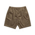 A pair of khaki walk shorts with an elastic waistband and drawstring, featuring side pockets.