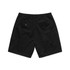 Black Walk Shorts with an elastic waistband and two buttoned back pockets. Features a logo on the waistband.