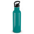A drink bottle with a teal body and a black cap featuring a carrying handle.