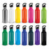 A drink bottle in various colours including silver, white, yellow, orange, pink, green, and more, featuring a logo.
