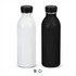 A drink bottle featuring a sleek design in matte black and glossy white, with a metal screw-on lid and a logo.