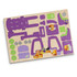 A wooden model puzzle featuring purple and natural wood pieces, including a forklift and various accessories.