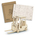 A wooden model of a forklift with an assembly kit, featuring a tan colour and intricate cut-out pieces.