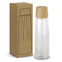 A drink bottle in clear glass with a wooden lid, displayed beside a brown packaging box.