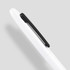 A white metal pen with a black clip positioned against a grey background. It features a simple design and branding.