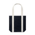 A navy tote bag with white stripes and handles, featuring a simple design and a branding logo.