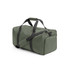 A green duffle bag with dual handles and a detachable strap, featuring a zippered main compartment and a small side pocket.