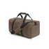 A duffle bag in a muted olive green with black straps and a zippered side pocket, featuring a logo.