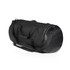 A black duffel bag with sturdy handles and an adjustable shoulder strap, featuring a logo.
