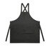 A black apron with a cross-back design and a front pocket, featuring adjustable ties on the sides.