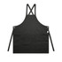 A black apron featuring cross-back straps and a front pocket, with eyelet detailing and branding.