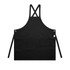 A black apron featuring a double strap design and a front pocket, with a logo on one side.