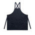 A navy blue apron with a pocket, featuring adjustable straps and a branding logo.